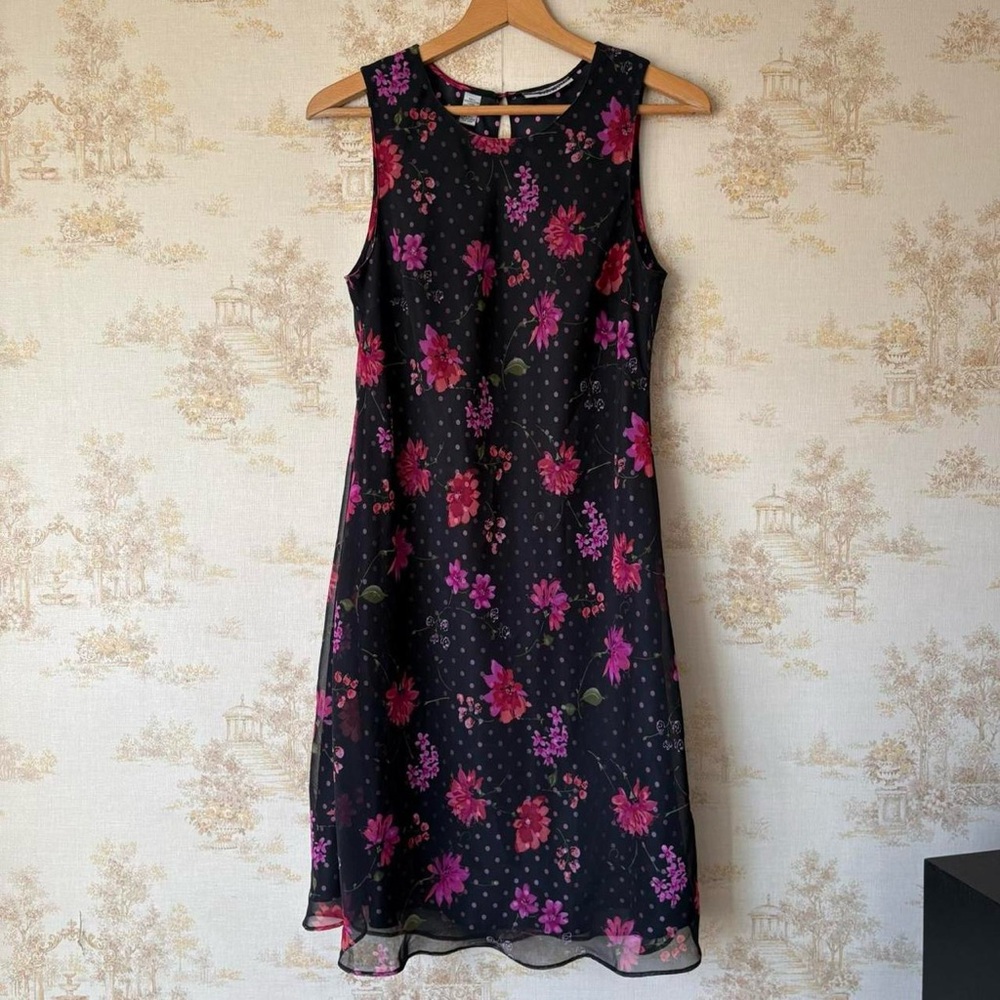 Vintage 90s y2k black pink floral polka dot chiffon whimsigoth boho mini dress